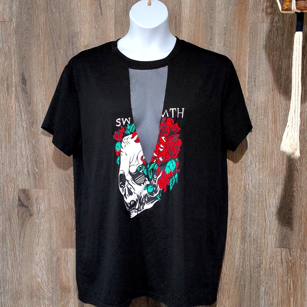 Shein curve black short sleeve top with sheer plunge front